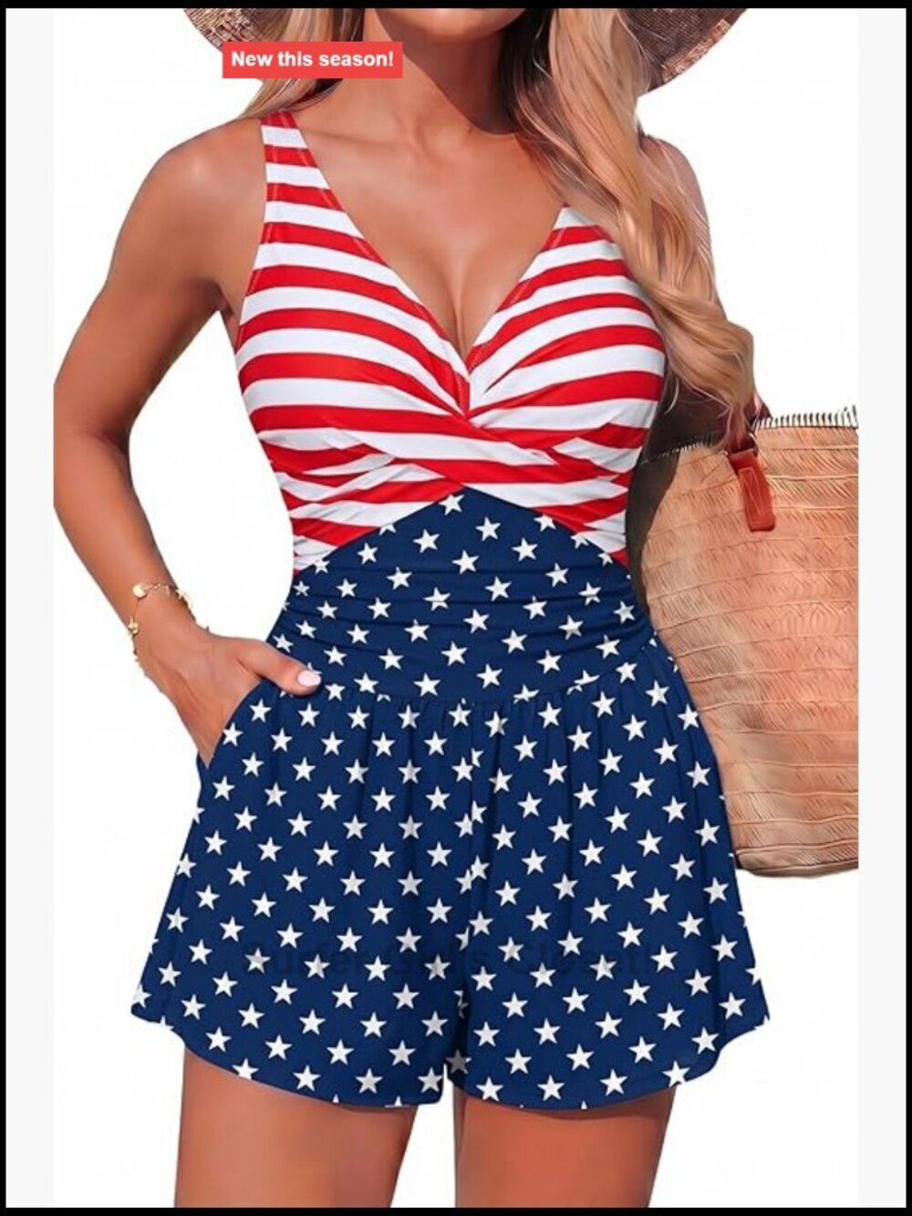 Tummy Control One Piece Swim Romper with Shorts Pocket V Neck Adjustable Strap